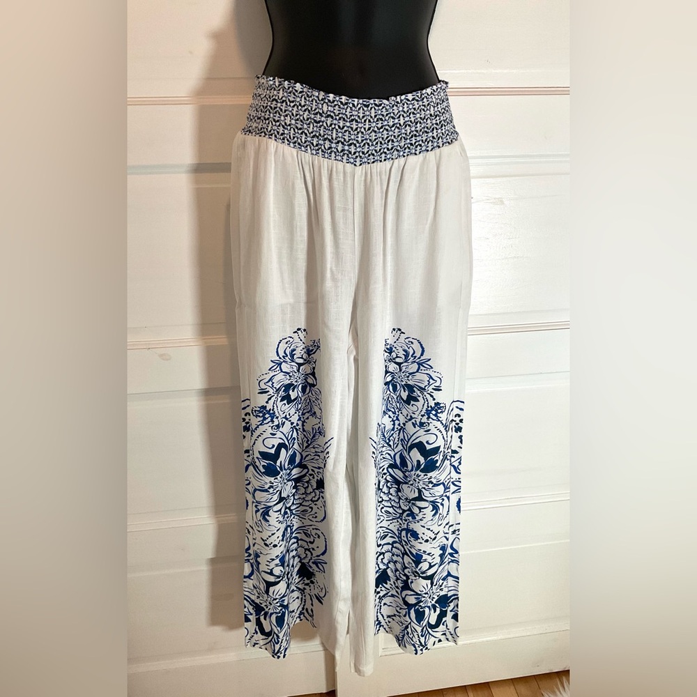 Elegant White and Blue Floral Women's Pants